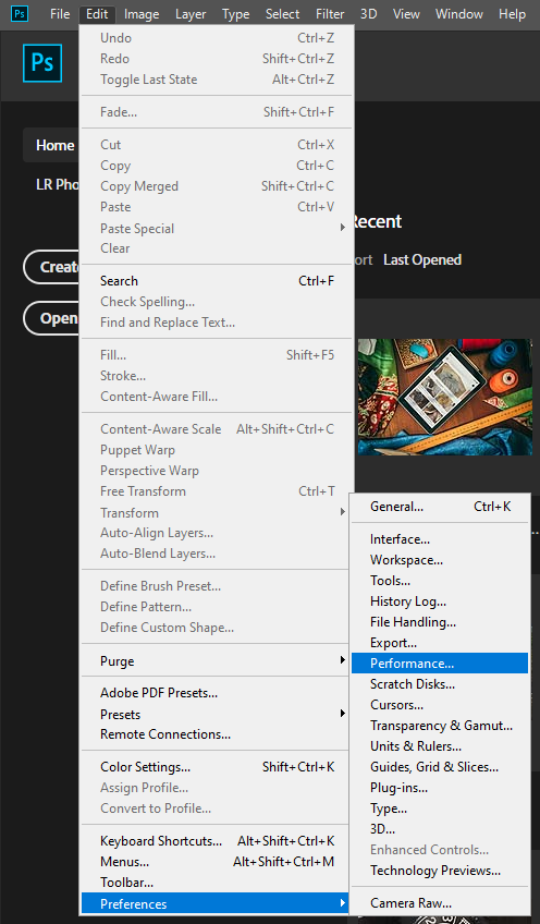Edit Preferences at Photoshop