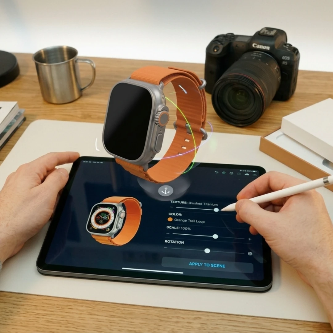 Flying watch above an iPad in AR 3D Product Visualization article in Dropicts.com website