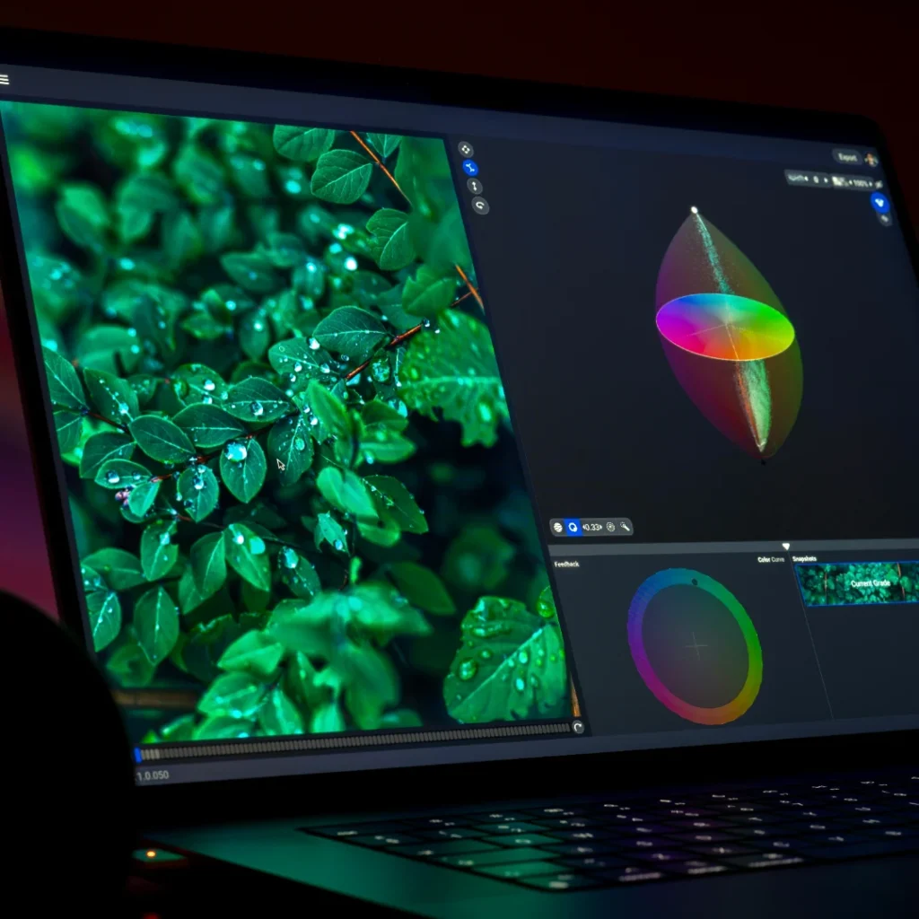 A laptop screen displaying photo editing software in dark mode, showing a close-up image of vibrant green leaves with water droplets on the left and 3D color grading scopes and wheels on the right. This image is part of "No Minimum Order Photo Editing Service" article in Dropicts.com website.