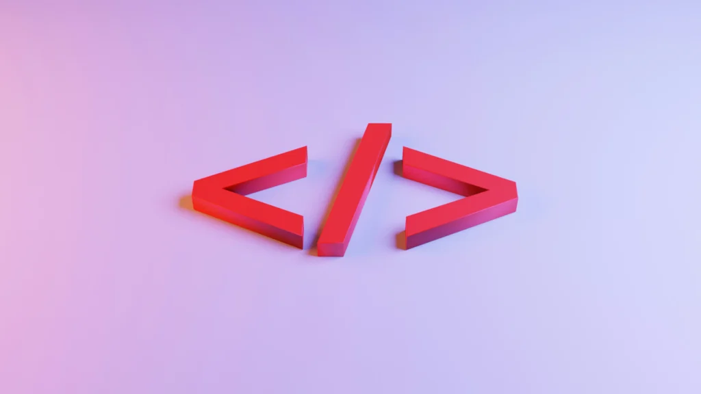 A 3D rendering of a red HTML code closing tag centered on a smooth surface illuminated with a purple and blue gradient light. This is in "Product Image Schema Markup Scaled" article in Dropicts.com website.