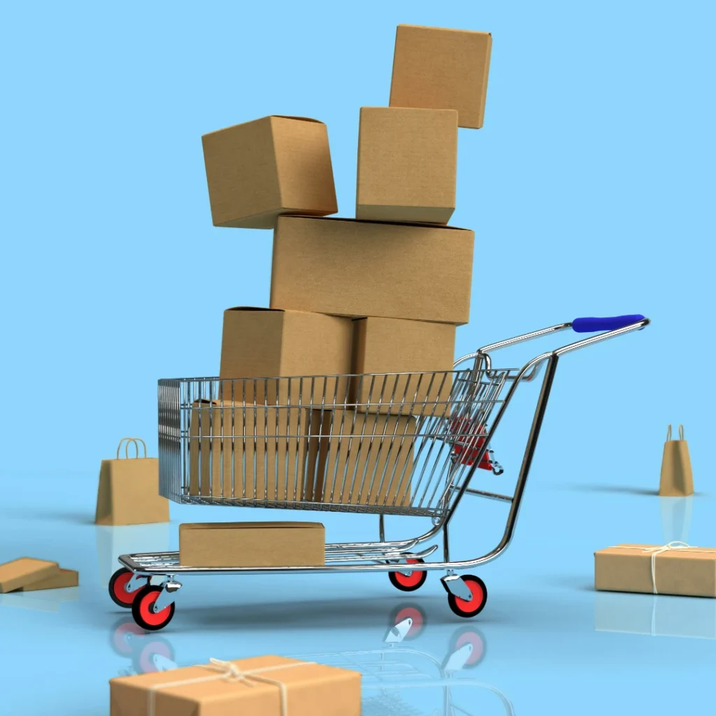 Cart full of boxes in the "Product Photography for Social Commerce" in Dropicts.com website